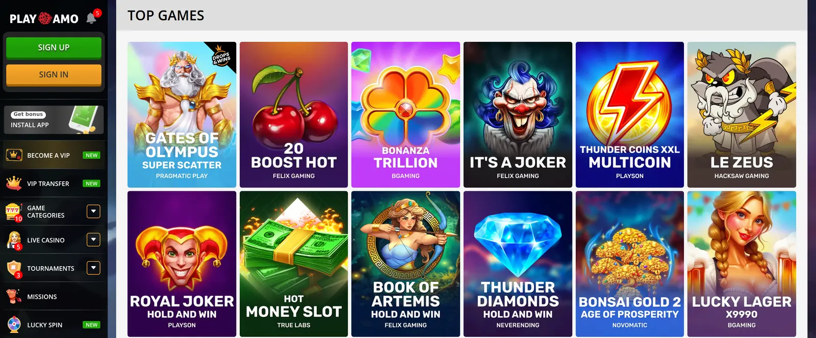 PlayAmo Casino lobby in English - Canada with the Sign Up button and Top Games