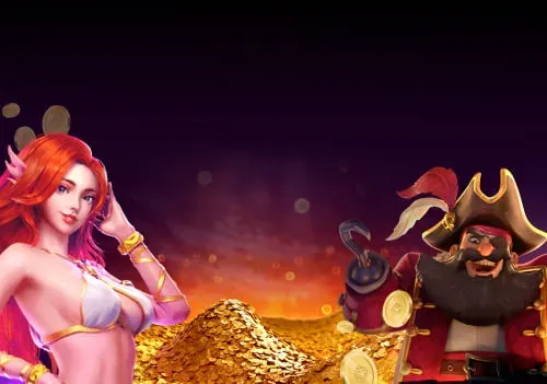 Mermaid and pirate over a pile of gold, PlayAmo jackpots art