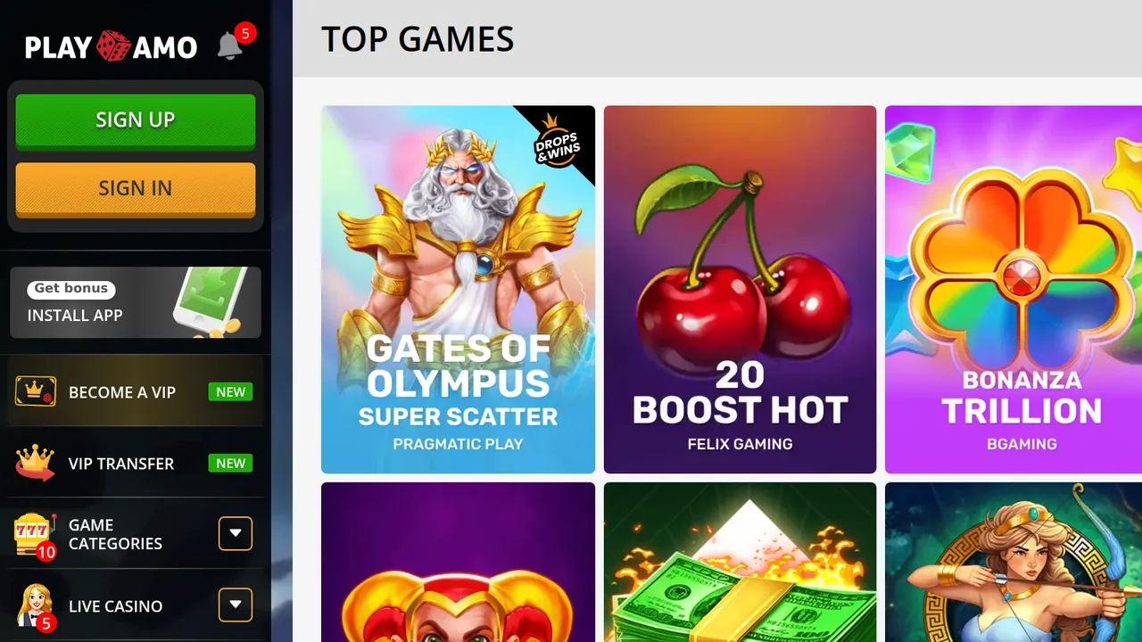 PlayAmo lobby for Canadian players with the green Sign Up and orange Sign In buttons at the top of the side menu