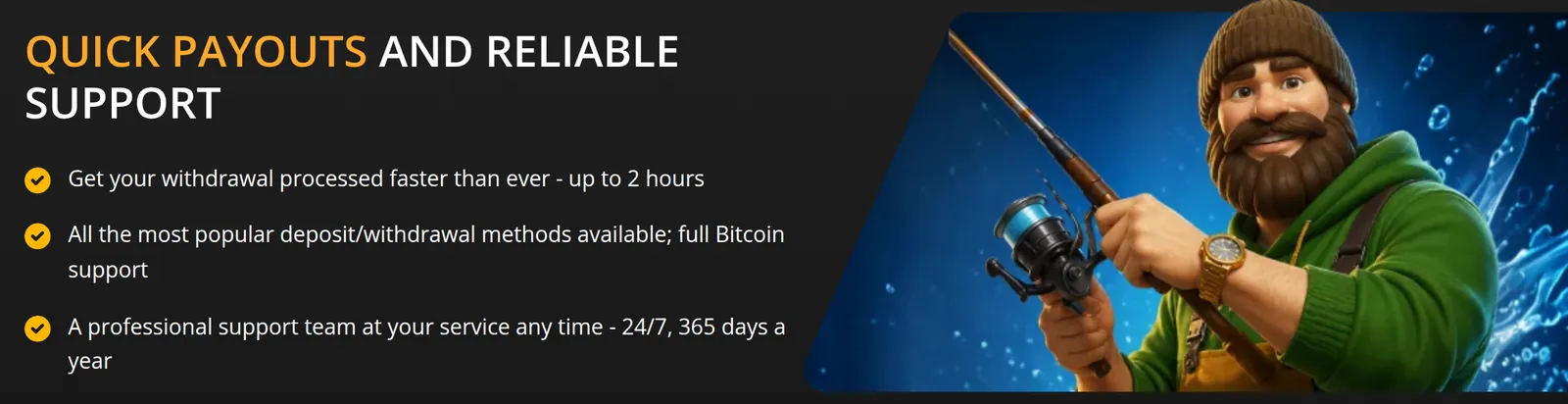 PlayAmo homepage card titled Quick payouts and reliable support, promising withdrawals processed in up to 2 hours
